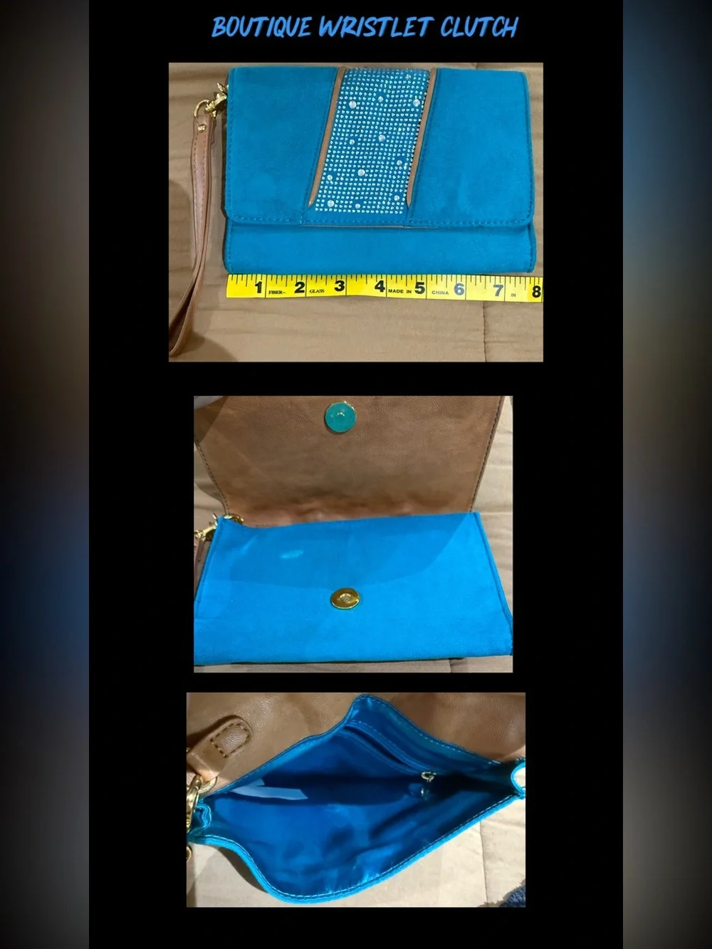 Boutique 9 Teal Blue Suede Clutch with Rhinestone Trim and Tan Strap